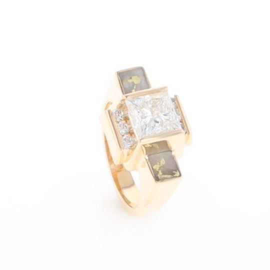 Princess Cut Diamond Gold Quartz 2-Square Inlaid Ring