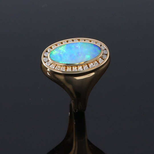 Opal Rings Oval Inlaid Design with .36ctw Round Diamonds Halo