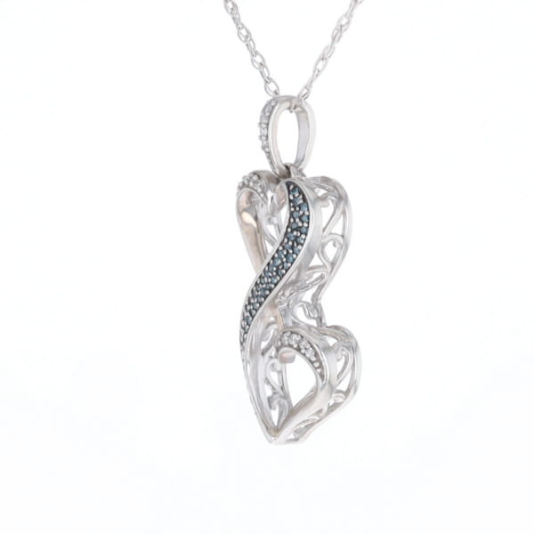 Blue and White Diamond Double Open Heart Pendant with 16" Singapore Chain