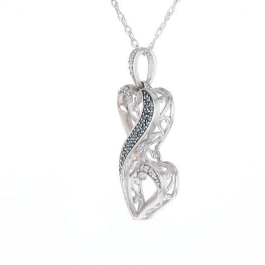 Blue and White Diamond Double Open Heart Pendant with 16" Singapore Chain