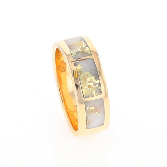 Gold Quartz Ring 3 Section Rectangle Inlaid Band with Milgrain Design