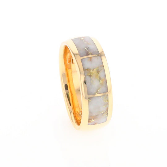 Gold Quartz Ring 3 Section Rectangle Inlaid Design Band