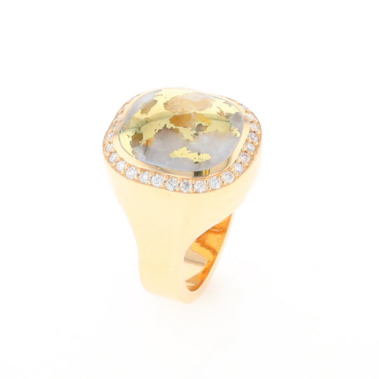 Gold Quartz Cushion Inlaid Men's Ring with Diamond Halo