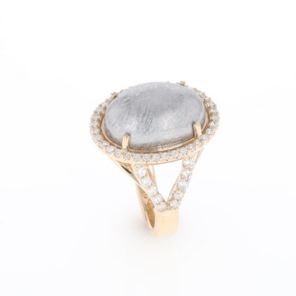 Meteorite Ring Oval Cabochon 0.65ctw Round Diamonds Halo