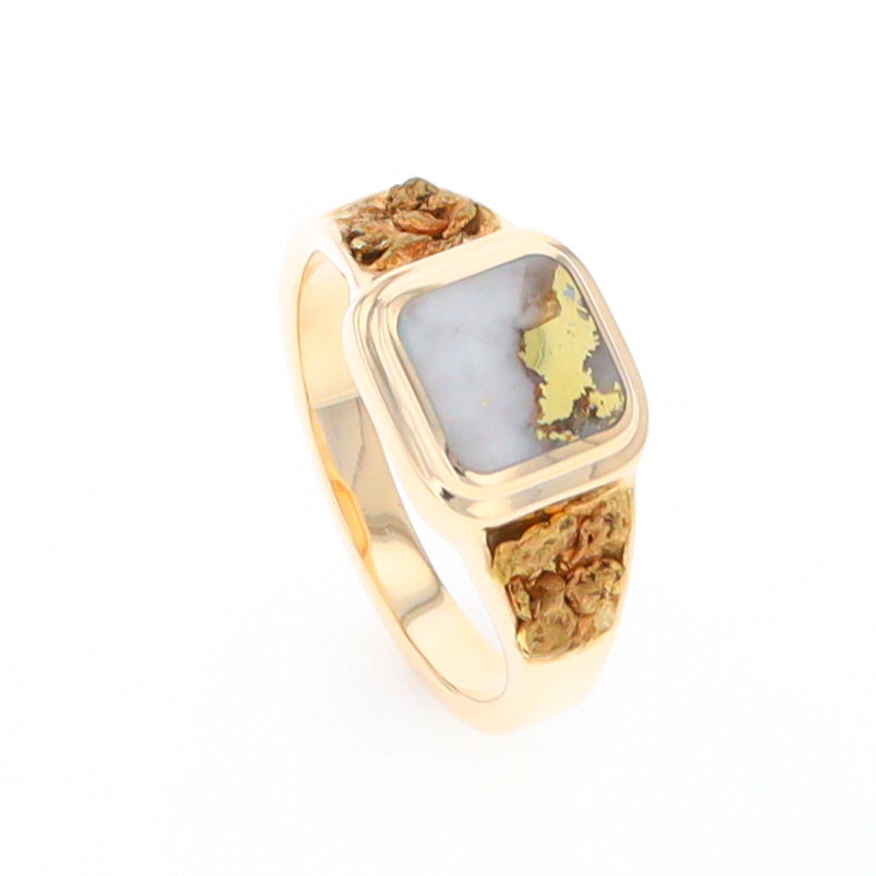 Gold Quartz Ring Square Inlaid Design Double Natural Nugget Sides