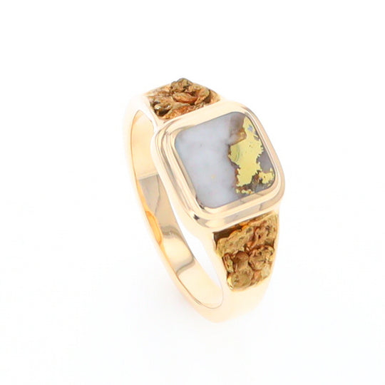 Gold Quartz Ring Square Inlaid Design Double Natural Nugget Sides