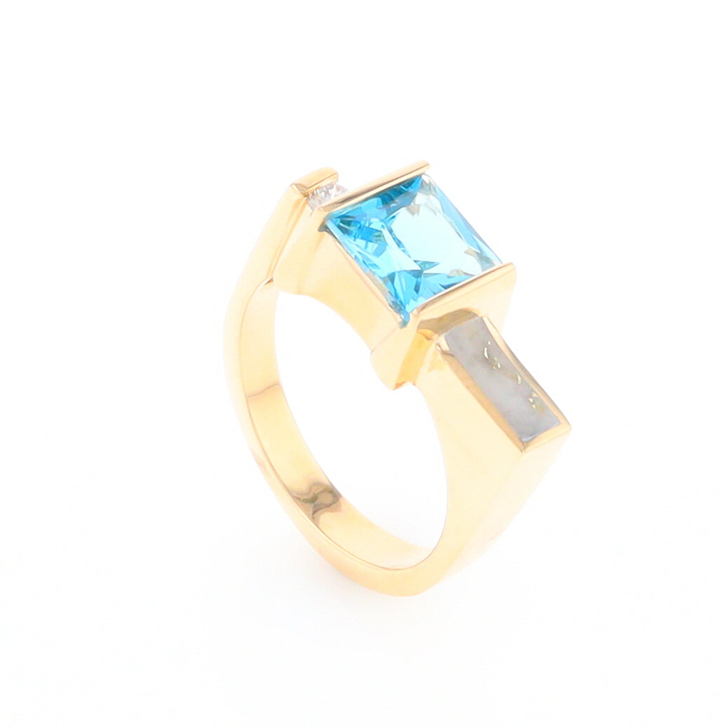 Gold Quartz Ring Rectangle Inlay Swiss Blue Topaz .06ct Round Diamond