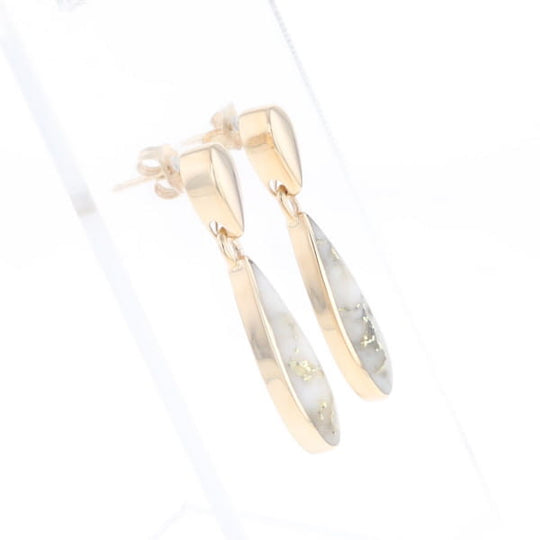 Gold Quartz Earrings Tear Drop Inlaid Design