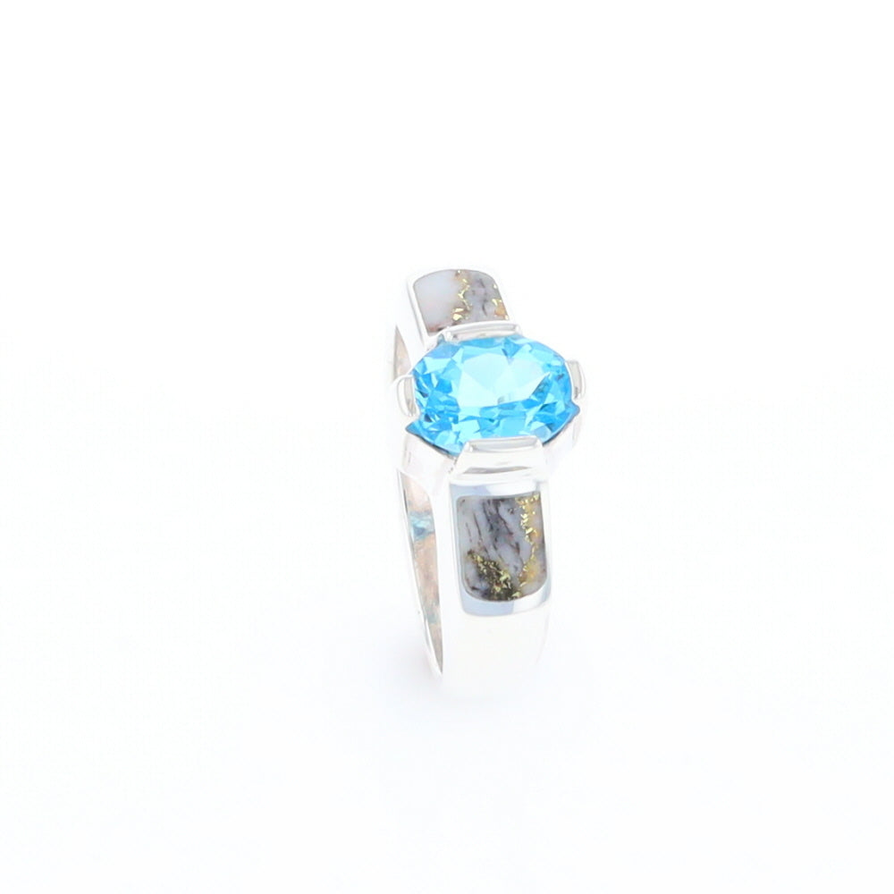 Sterling Silver Gold Quartz Inlaid Oval Blue Topaz Ring - G3