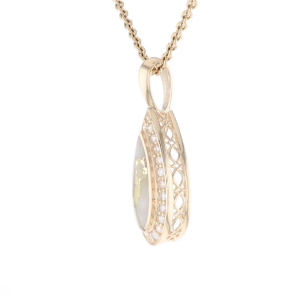 Gold Quartz Pendant Tear Drop Inlaid .42ctw Diamond Halo Design