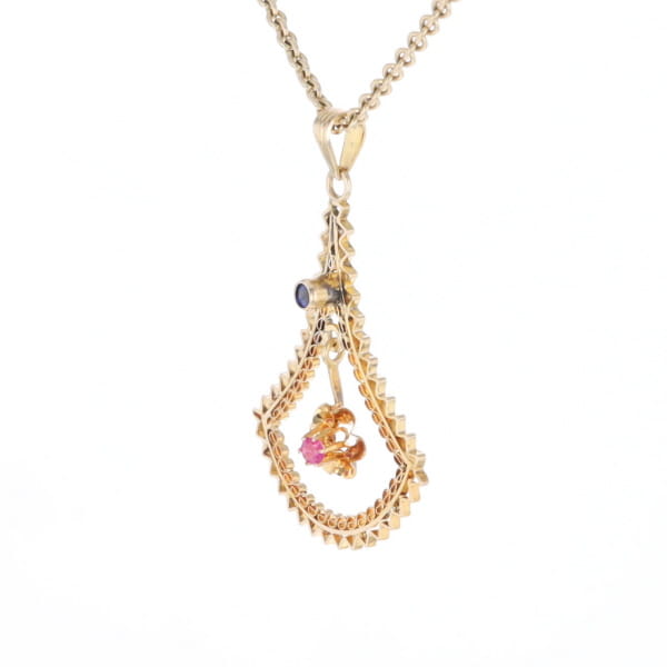 Vintage Buttercup Dangle Ruby Scrollwork Pendant