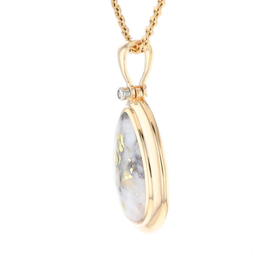 Gold Quartz Necklace Pear Shape Inlaid Pendant with .02ct Diamond