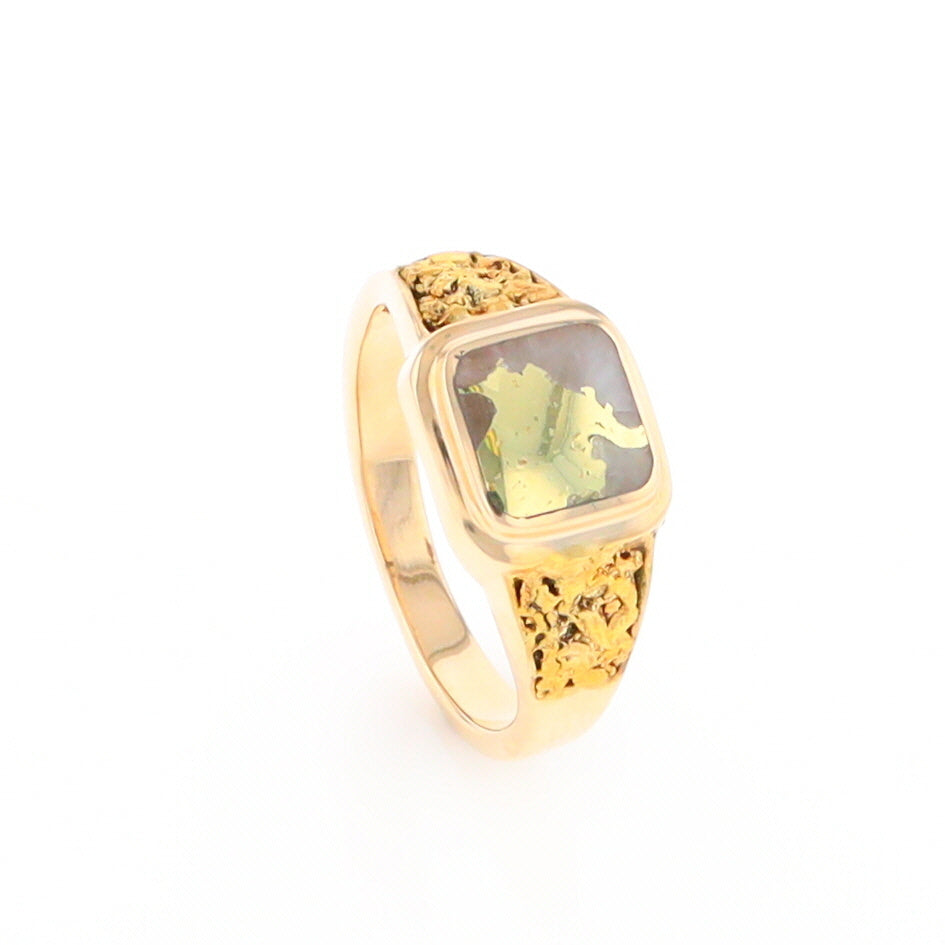 Gold Quartz Ring Square Inlaid Design Double Natural Nugget Sides