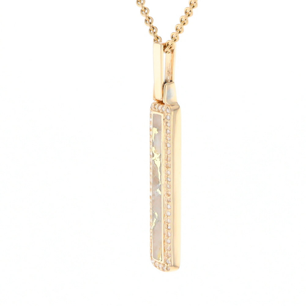 Gold Quartz Necklace, Rectangle Inlaid, .27ctw Diamond Halo Pendant