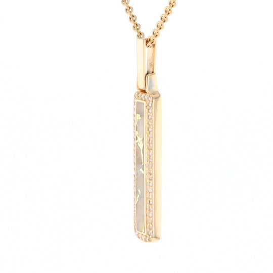 Gold Quartz Necklace, Rectangle Inlaid, .27ctw Diamond Halo Pendant