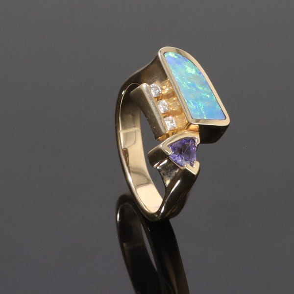 Opal Rings Geometric Inlaid with Tanzanite and .08ctw Round Diamonds