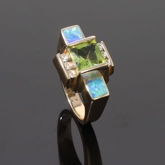 Opal Rings 2 Square Inlaid Peridot with 0.24ctw Diamonds