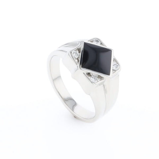 Natural onyx ring diamond shape inlaid design with .16ctw round diamonds