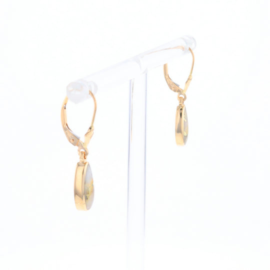 Gold Quartz Earrings Tear Drop Inlaid Lever Backs