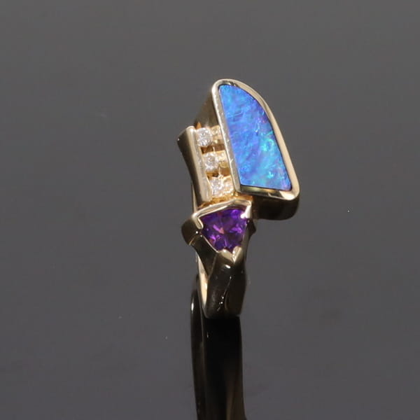 Opal Rings Geometric Inlaid with Amethyst and .08ctw Diamonds