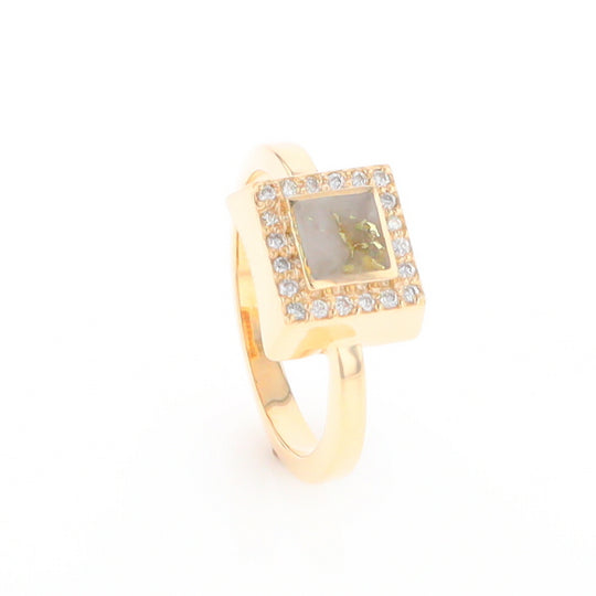 Gold Quartz Ring Square Inlaid Halo .14ctw Diamonds Design