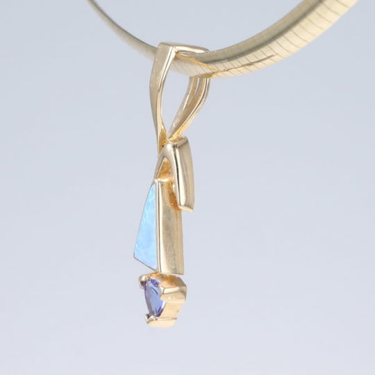 Opal Pendant Triangle Inlaid Design with Trillion Cut Tanzanite