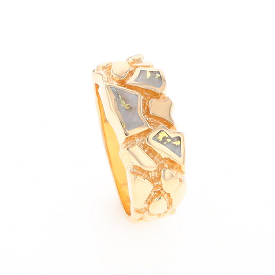 Gold Quartz Ring 3 Section Inlaid Nugget Design Band