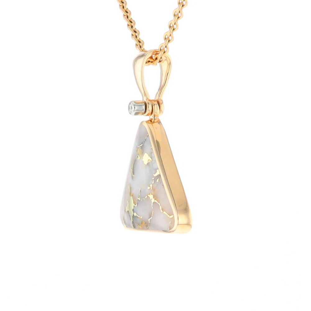 Gold Quartz Necklace Triangle Inlaid Pendant with .02ct Diamond