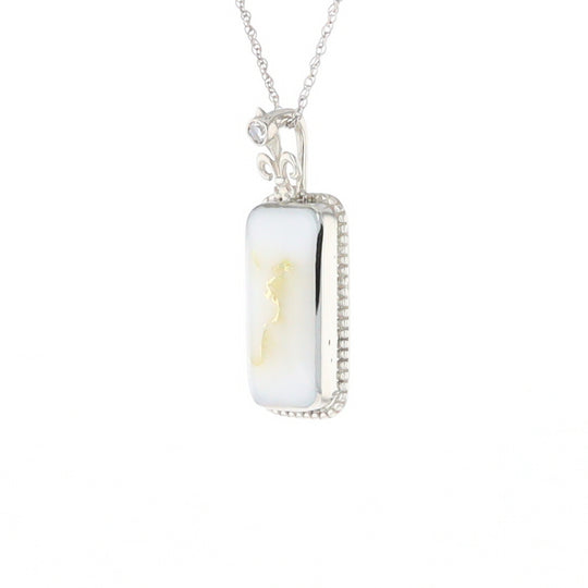 Gold Quartz Necklace, Rectangle Inlaid Fleur De Lis Design with .02ctw Diamond Pendant