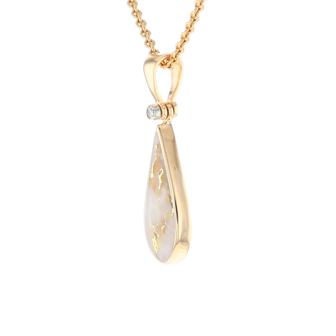 Gold Quartz Necklace Tear Drop Inlaid Pendant with .02ct Diamond