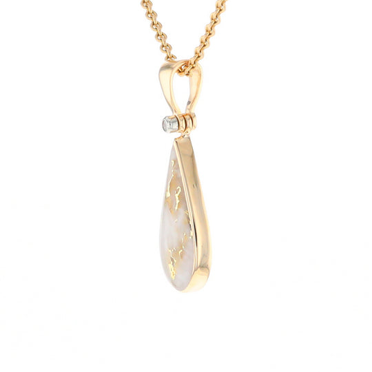 Gold Quartz Necklace Tear Drop Inlaid Pendant with .02ct Diamond