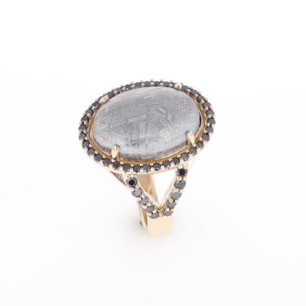 Meteorite Ring Oval Cabochon 0.65ctw Round Black Diamonds Halo