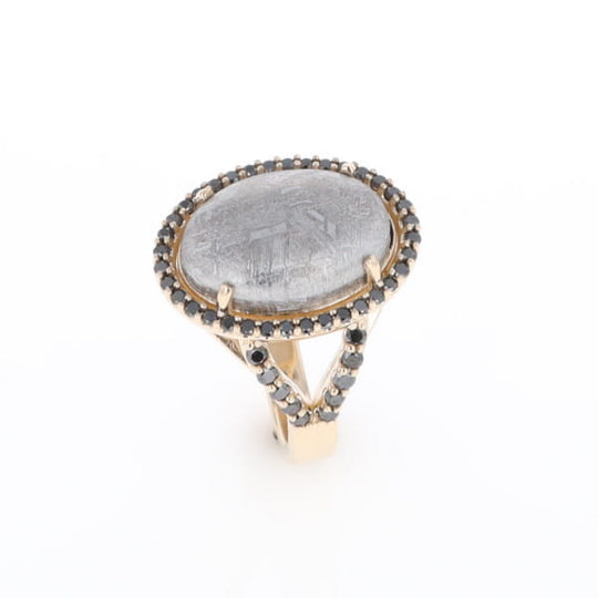 Meteorite Ring Oval Cabochon 0.65ctw Round Black Diamonds Halo