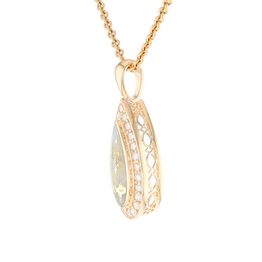 Gold Quartz Pendant Tear Drop Inlaid .42ctw Diamond Halo Design