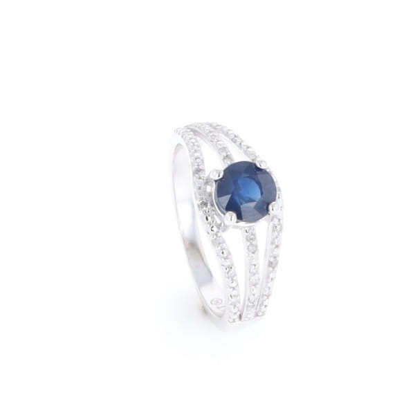Blue Sapphire Triple Shank Ring With Accent Diamonds
