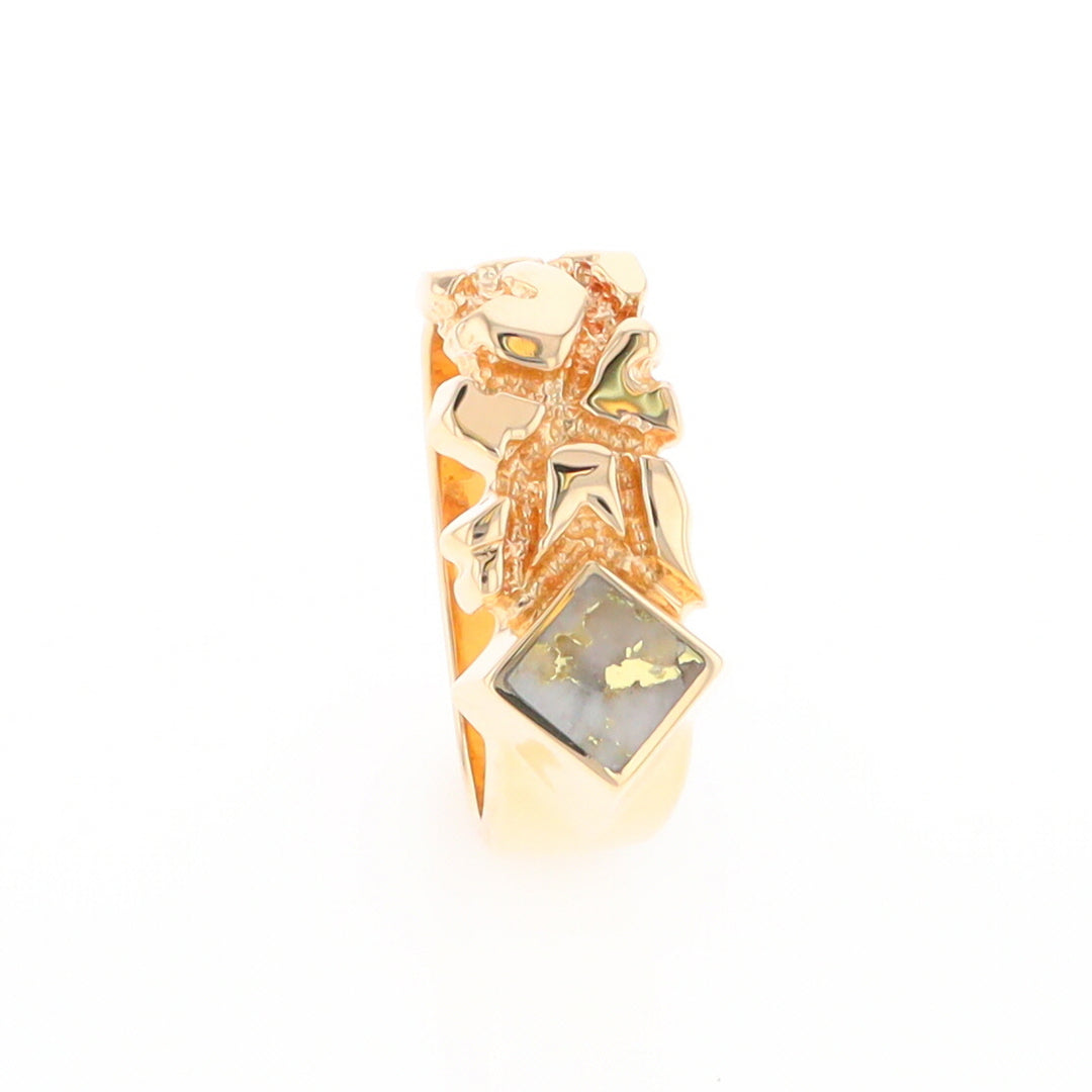 Gold Quartz Ring Diamond Shape Inlay Nugget Design Band