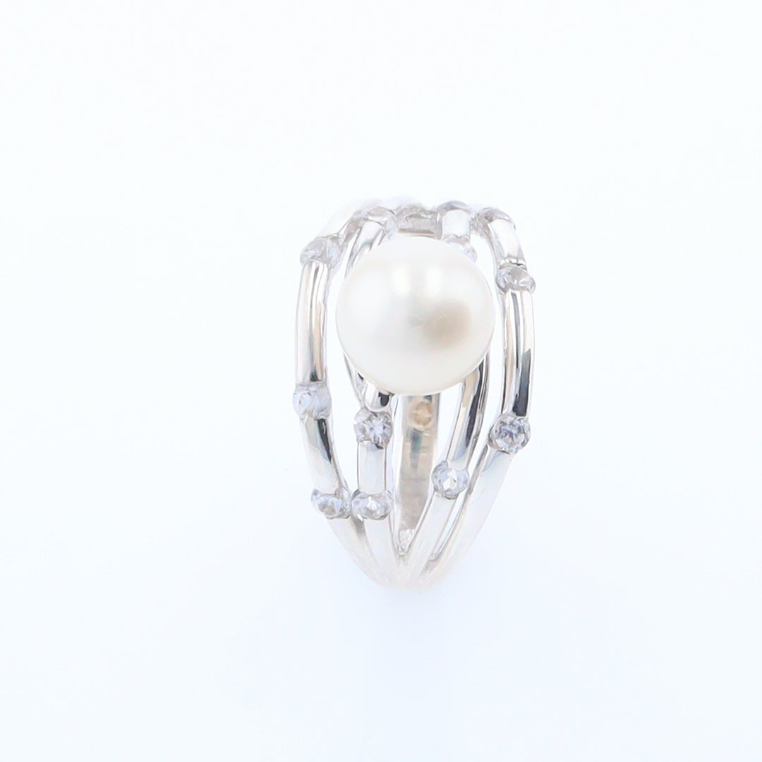 Pearl Bamboo Ring with Cubic Zirconia Accents