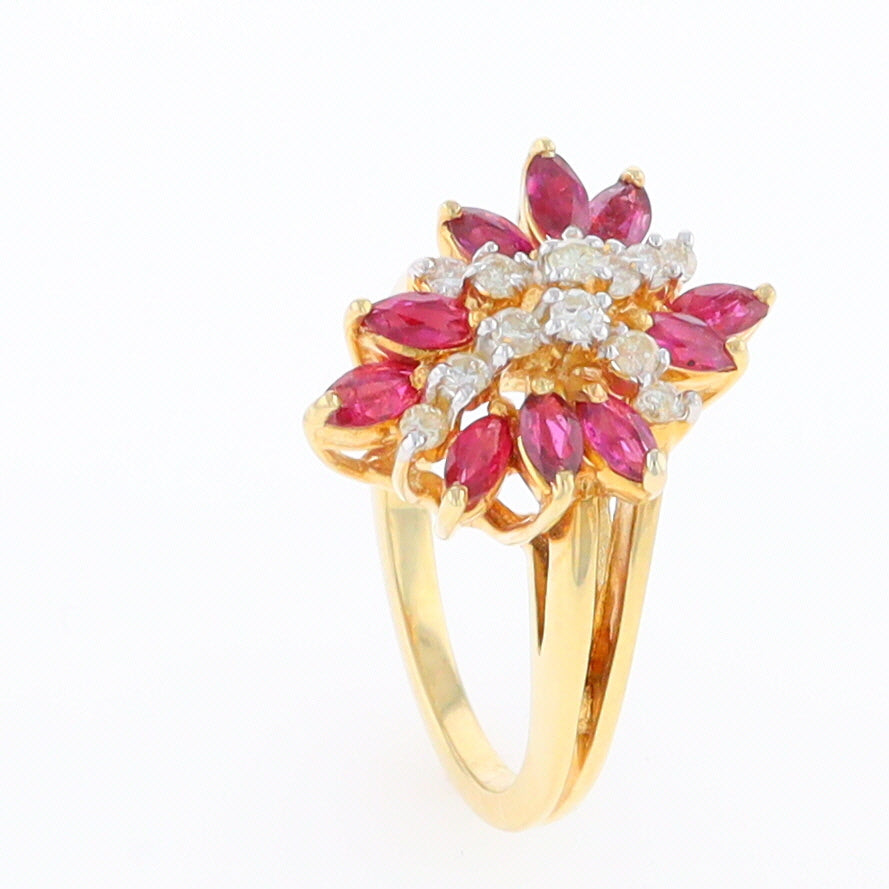 14K Gold Natural Ruby and Diamond Cluster Ring