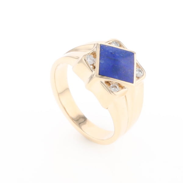 Natural Lapis ring diamond shape inlaid design with .16ctw round diamonds