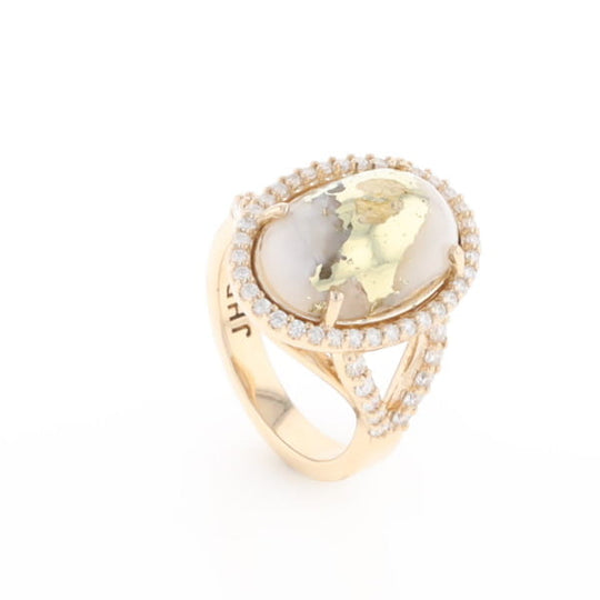 Gold Quartz Ring Oval Cabochon 0.65ctw Round Diamonds Halo