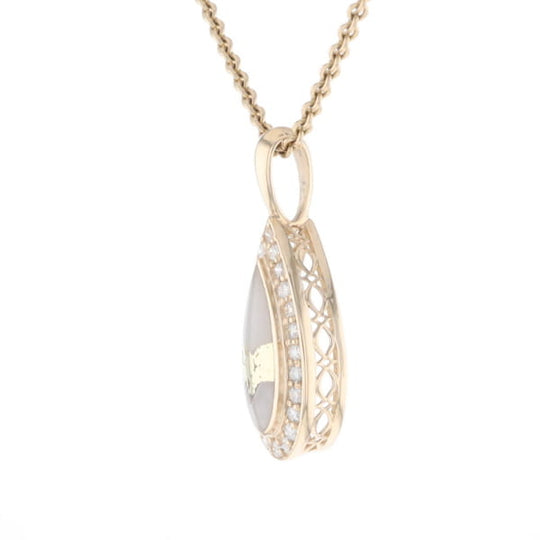Gold Quartz Pendant Tear Drop Inlaid .42ctw Diamond Halo Design
