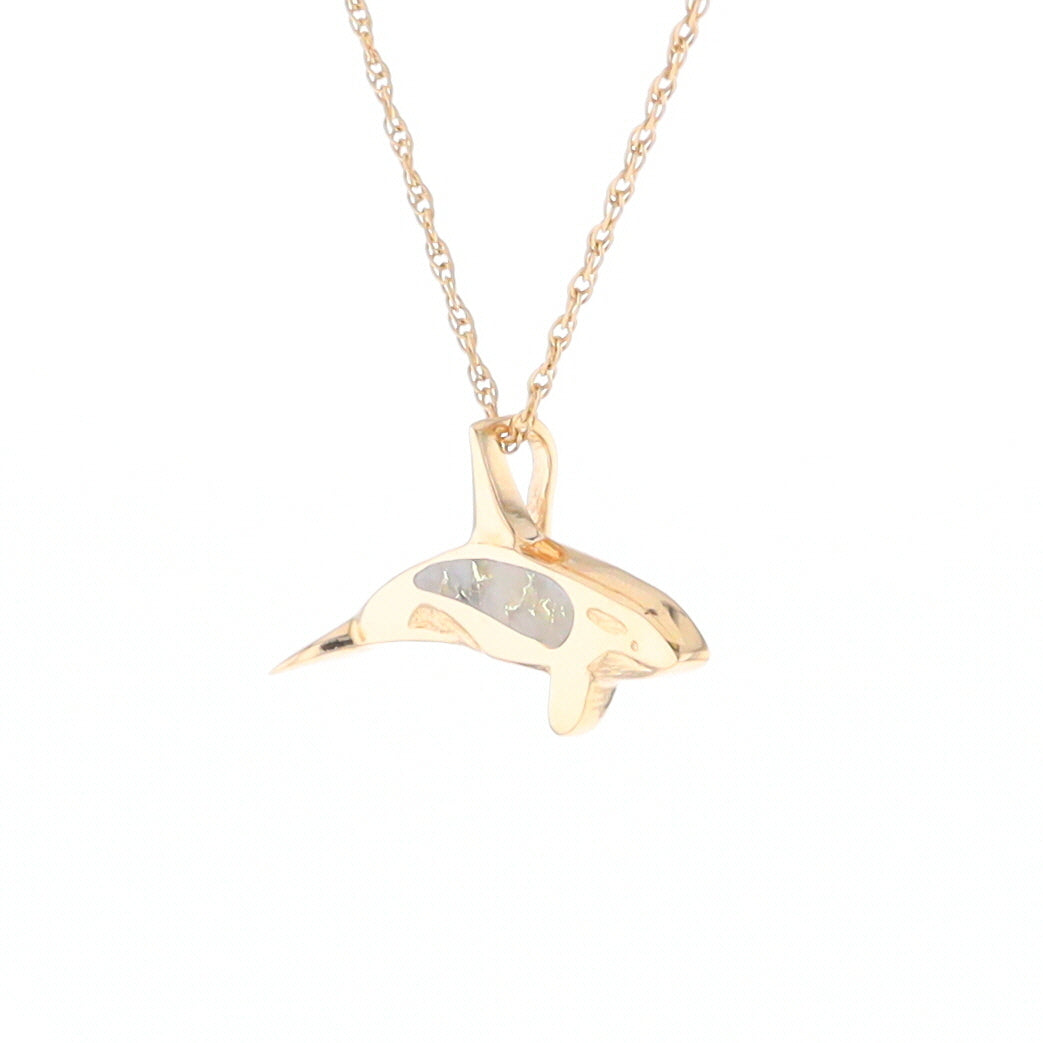 Gold Quartz Necklace Orca Killer Whale Inlaid Sea Life Pendant