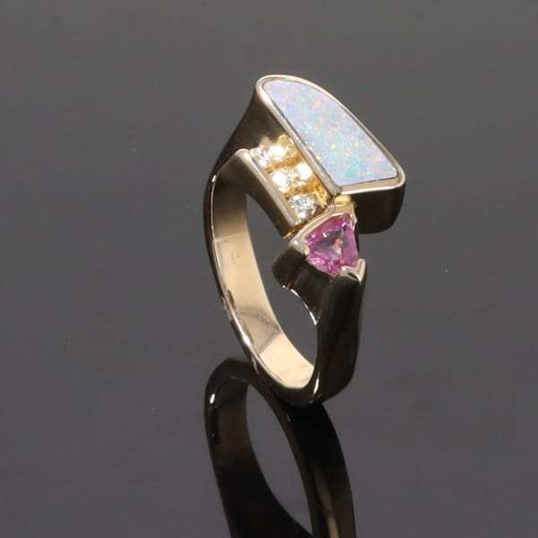 Opal Rings Geometric Inlaid with Pink Sapphire and .08ctw Diamonds