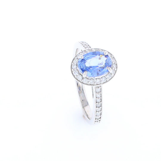 Oval Ceylon Sapphire with Diamond Halo Ring