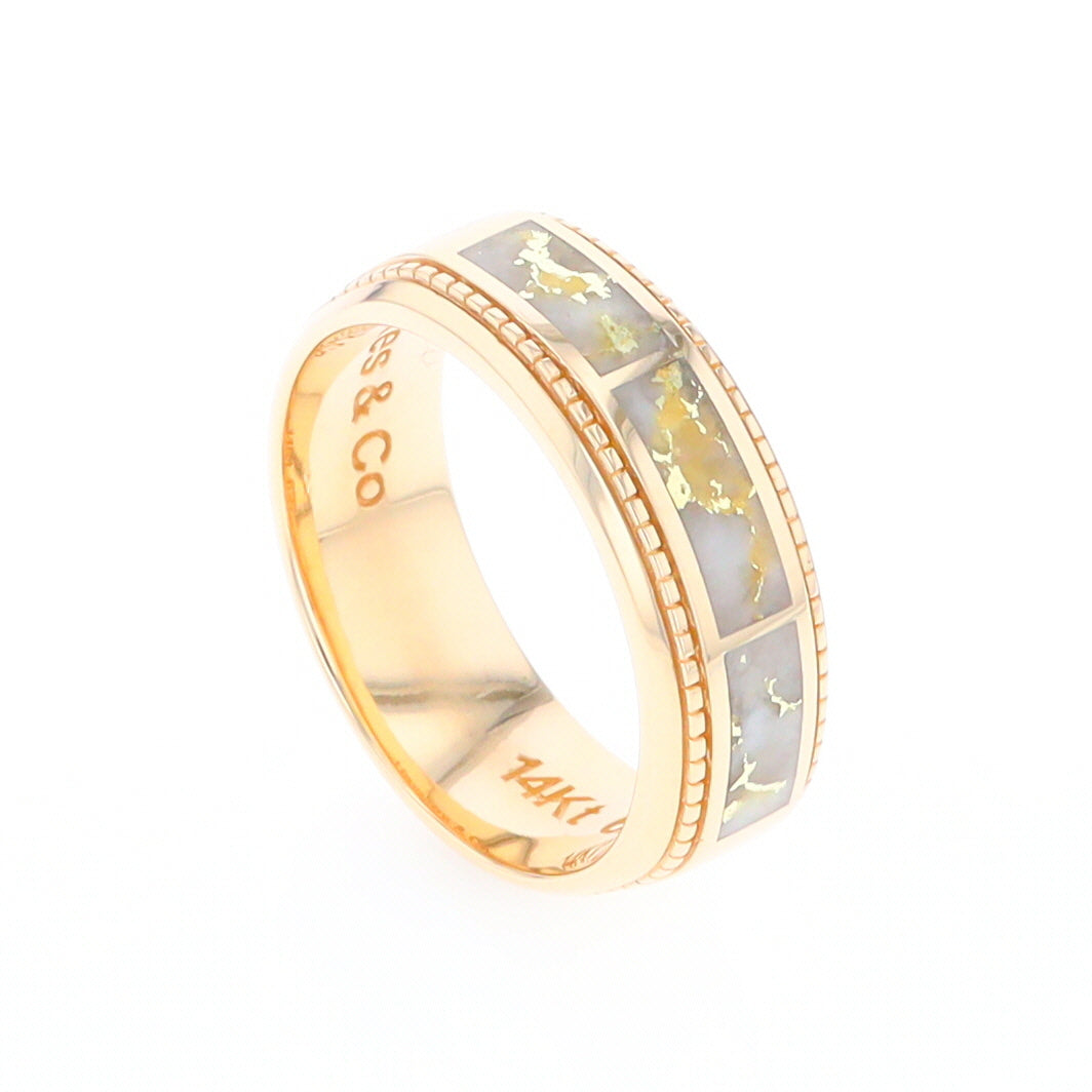 Gold Quartz Ring 3 Section Rectangle Inlaid Milgrain Border Band G1