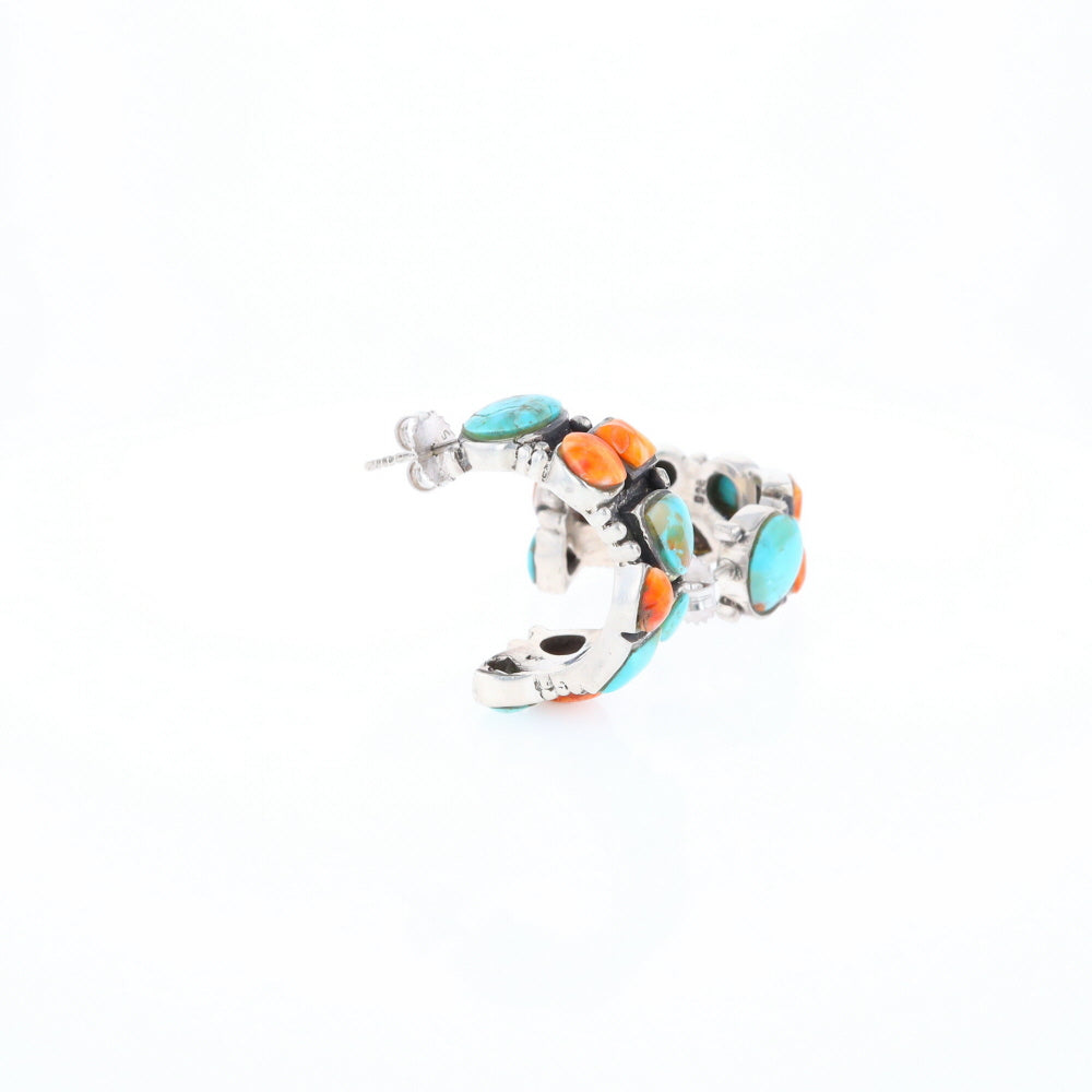 Turquoise & Spiny Oyster Semi-Hoop Stud Earrings