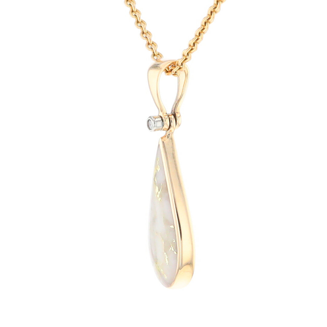 Gold Quartz Necklace Tear Drop Inlaid Pendant with .02ct Diamond