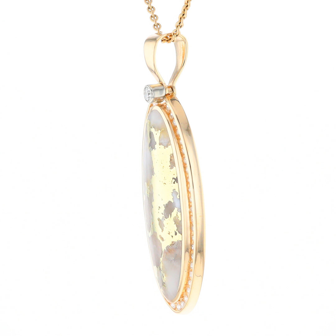 Gold Quartz Necklace 0.96ctw Halo Diamond Oval Inlaid Pendant