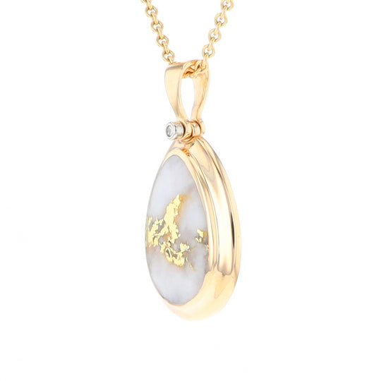Gold Quartz Necklace Pear Shape Inlaid Pendant with .02ct Diamond