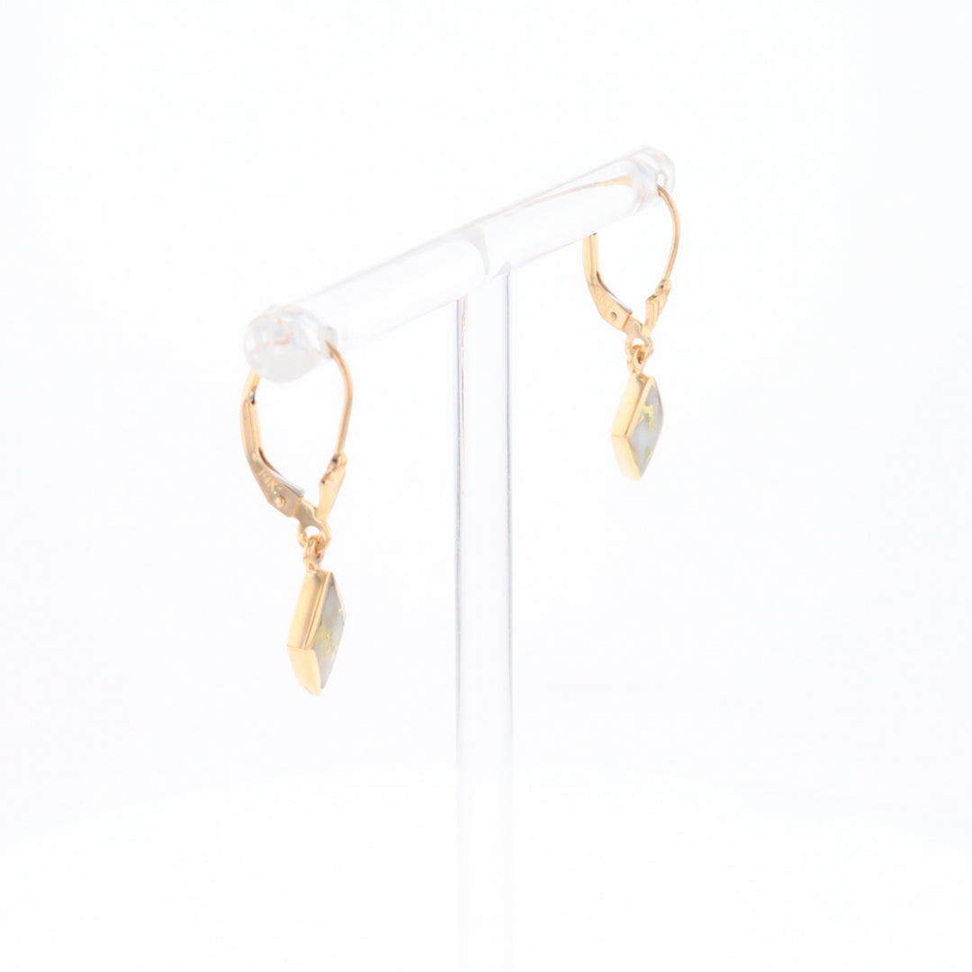 Gold Quartz Earrings Diamond Shape Inlaid Lever Backs G1